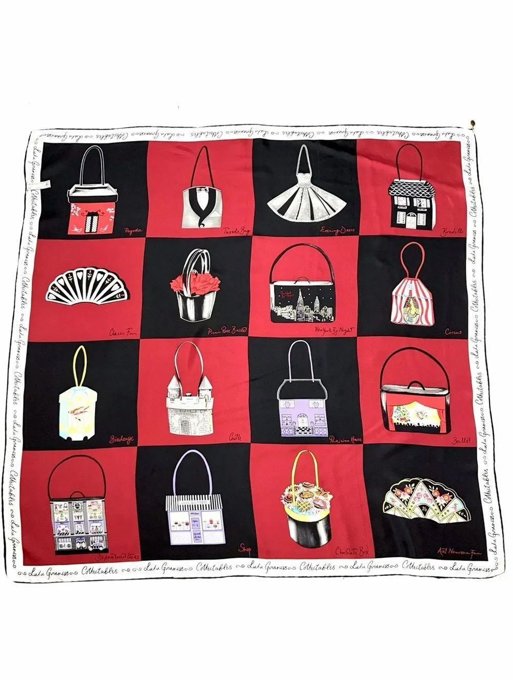 Lulu Guinness Silk Scarf Red Black Novelty Handbag Print Collectibles Theme